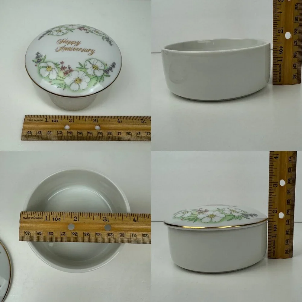 Vtg Simson Corp Round Happy Anniversary Gold‎ Accents Floral Trinket Dish Japan